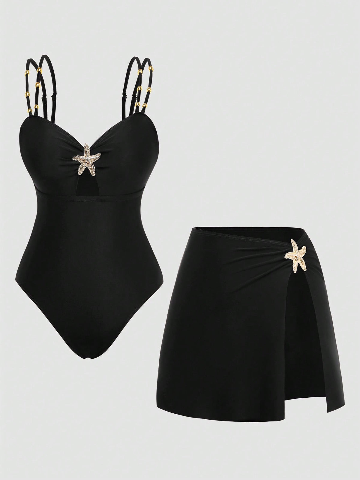 Swim Oasis Elegant Plus Size One-Piece Swimsuit For Women,Black,Summer,Classy,Formal,Evening,Vacation,Holiday,Two Pieces Beaded Starfish Printed Slit Skirt Set