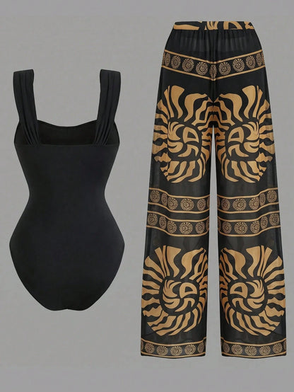 Swim Oasis Women's Summer 2-Piece Swimsuit Set With Ruched One-Piece Top, Shell Trim, Random Print Long Pants, Beach Vacation