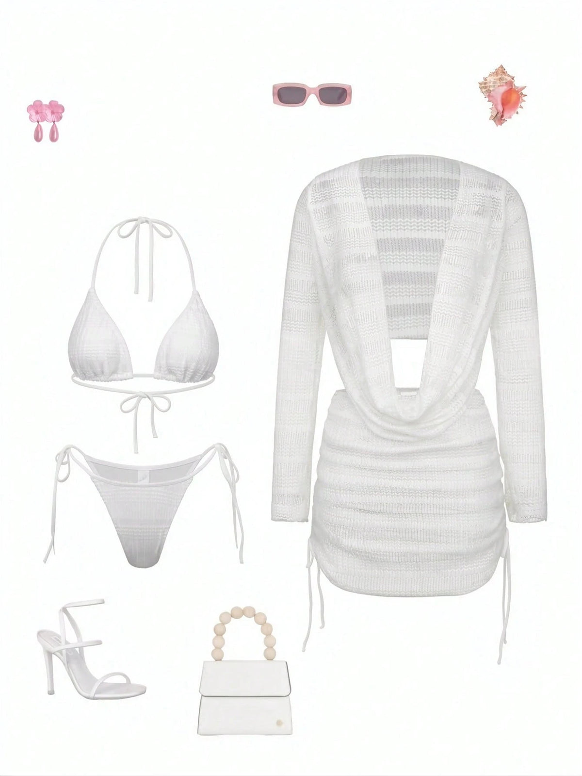 Swim SXY 4pcs Women's New Spaghetti Strap Backless Top, Shirt With Side Tie, Tie Side Swim Shorts, Sexy Bikini Set Set