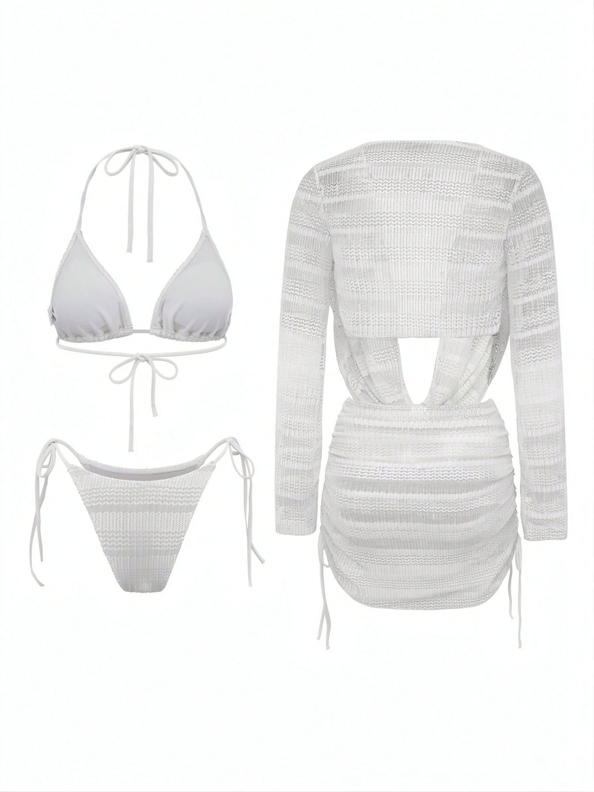 Swim SXY 4pcs Women's New Spaghetti Strap Backless Top, Shirt With Side Tie, Tie Side Swim Shorts, Sexy Bikini Set Set