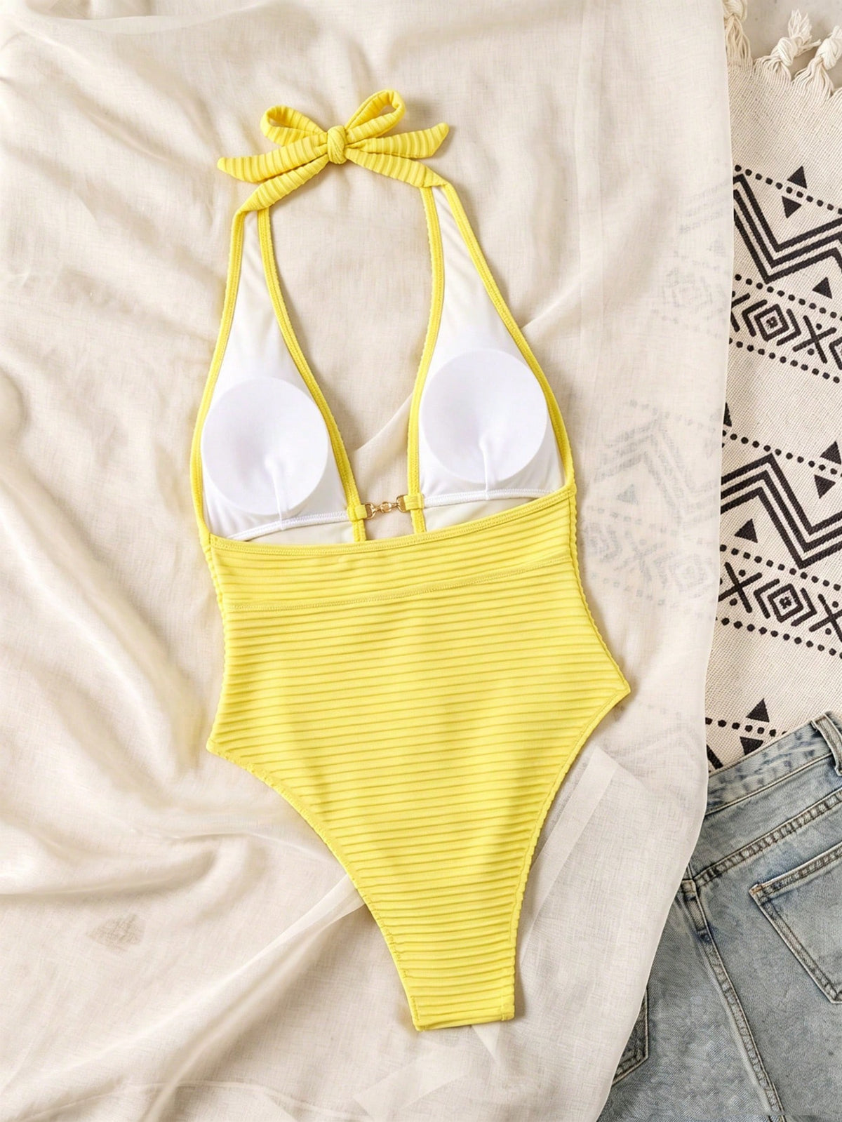 Swim SXY Springbreak Women's Yellow Ribbed Knit Jacquard Fabric Cutout Deep Back V-Neck Halter High-Cut Leg Beach Vacation, Pool Party, Hot Spring Beach Outfit Sexy Hot Girl Style Casual One-Piece Swi