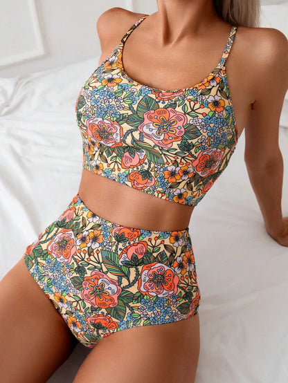 Swim Vcay Random Printed Tankini Set For Beach In Summer Vacation Two Pieces Sethigh Waisted Bikini Set