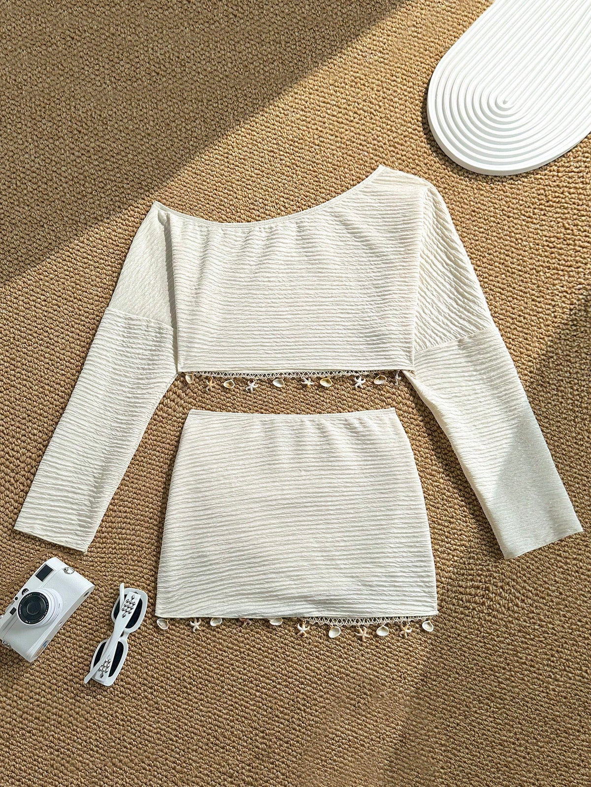 Swim Vcay Spring/Summer New Sequin Tassel Long Sleeve Jacquard Fabric Two-Piece Skirt Beach Cover-Up Set