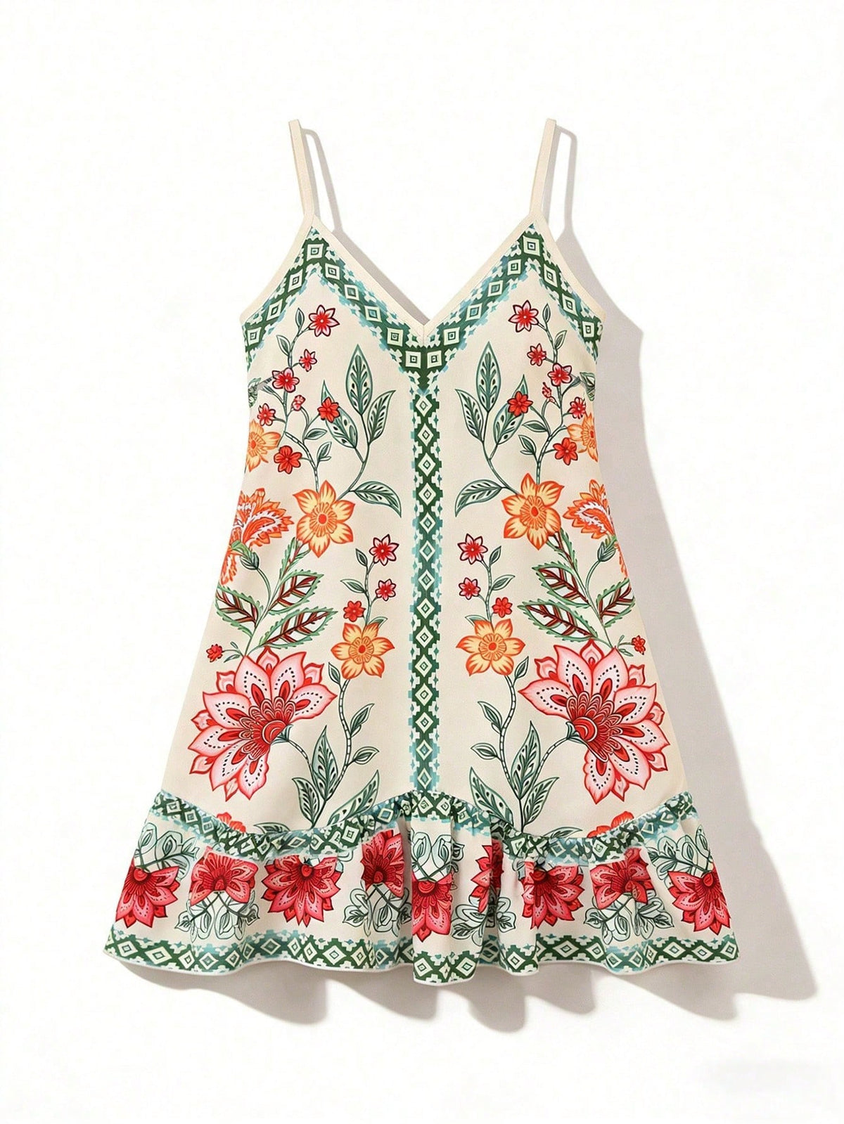 Swim Vcay Women's Adjustable Strap Bohemian Printed Patchwork Asymmetric Ruffle Hem Beach Cover Up Dress, Summer