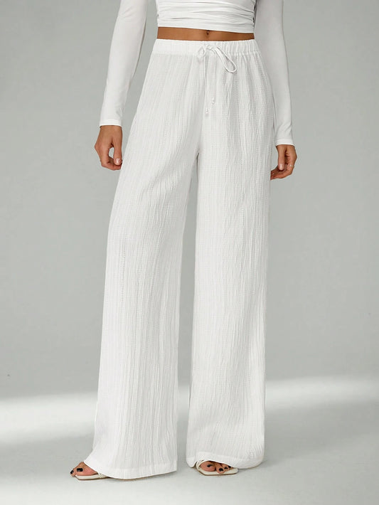 Tall Loose Drawstring Waist Trousers In Textured Crinkle Fabric White Wide Leg Pants Women White Linen Pants Women, Tall Women Vacation Summer Casual