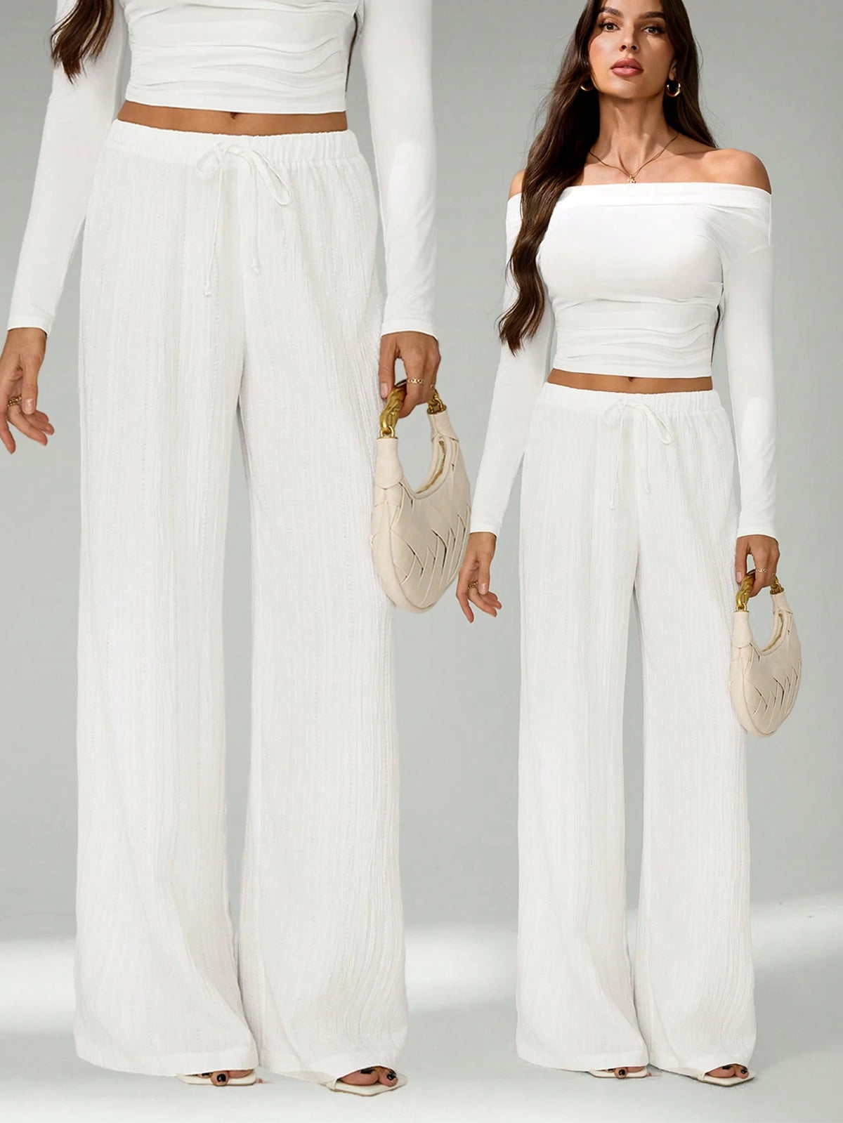 Tall Loose Drawstring Waist Trousers In Textured Crinkle Fabric White Wide Leg Pants Women White Linen Pants Women, Tall Women Vacation Summer Casual