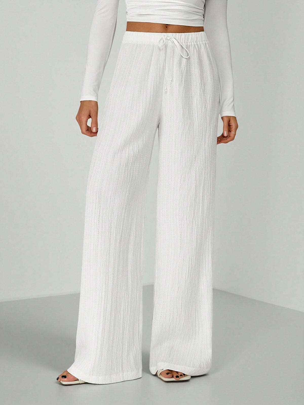 Tall Loose Drawstring Waist Trousers In Textured Crinkle Fabric White Wide Leg Pants Women White Linen Pants Women, Tall Women Vacation Summer Casual