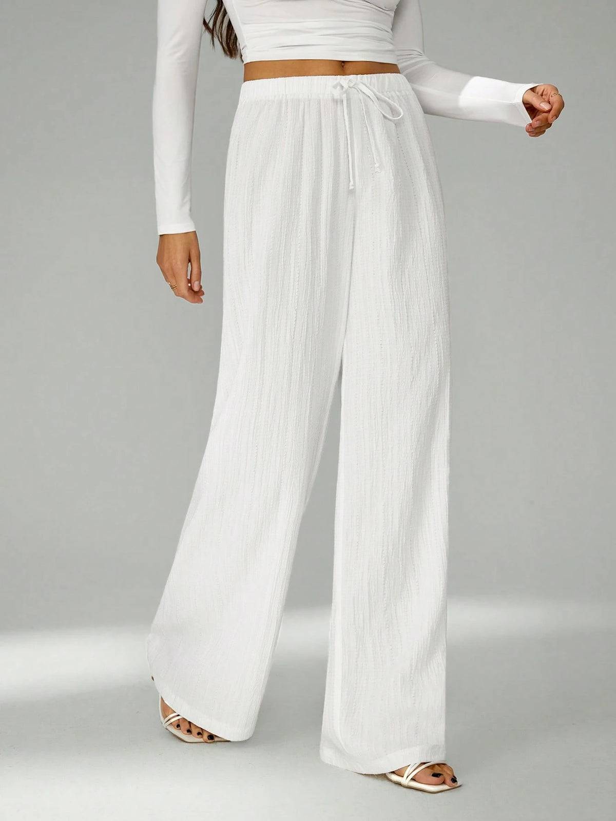 Tall Loose Drawstring Waist Trousers In Textured Crinkle Fabric White Wide Leg Pants Women White Linen Pants Women, Tall Women Vacation Summer Casual