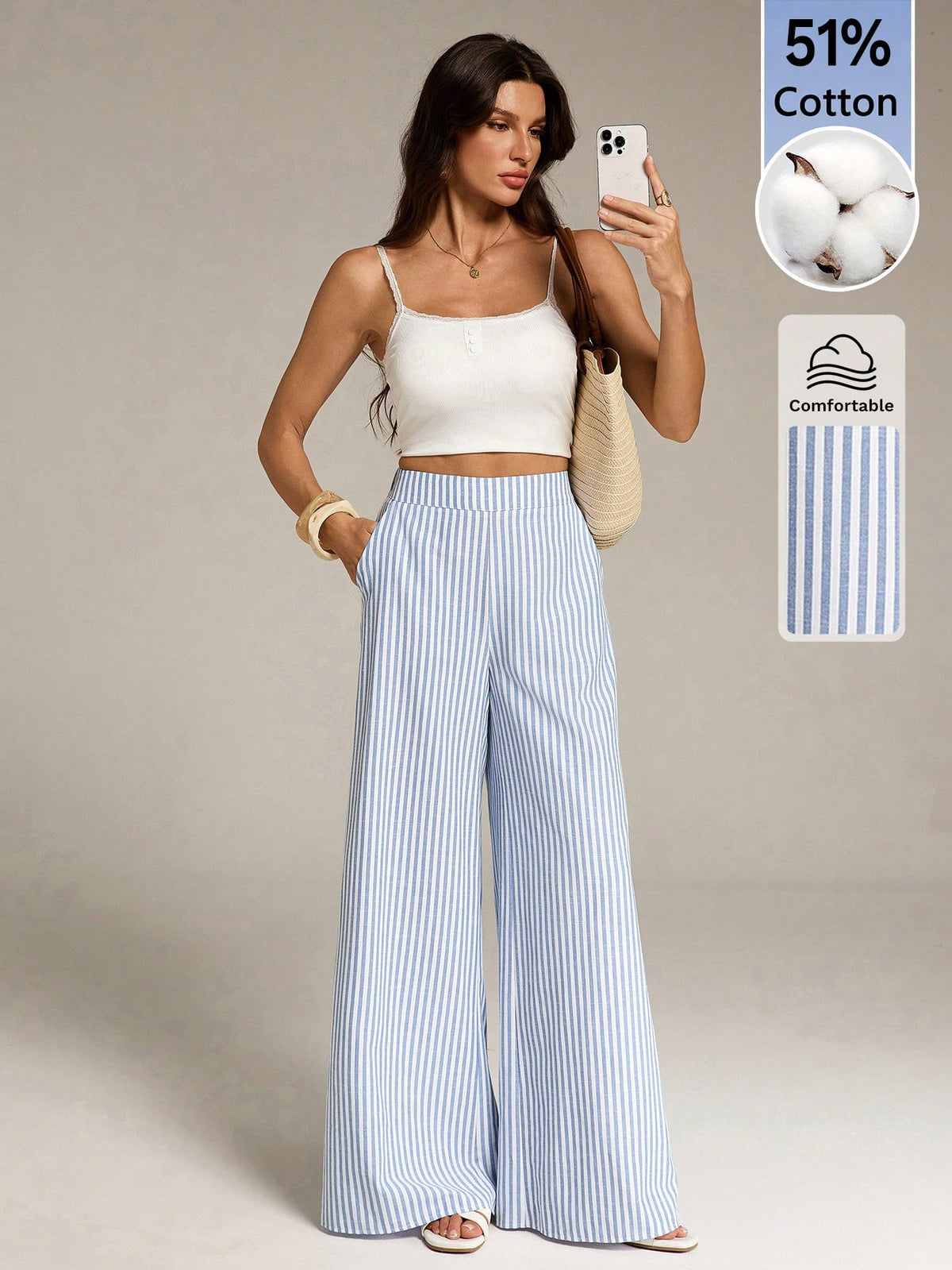 Tall Women's Blue And White Stripe Cotton Wide Leg Pants, Summer Casual Vacation Holiday Boho Striped Pants With Pockets, Spring Long Trousers, Tall Women