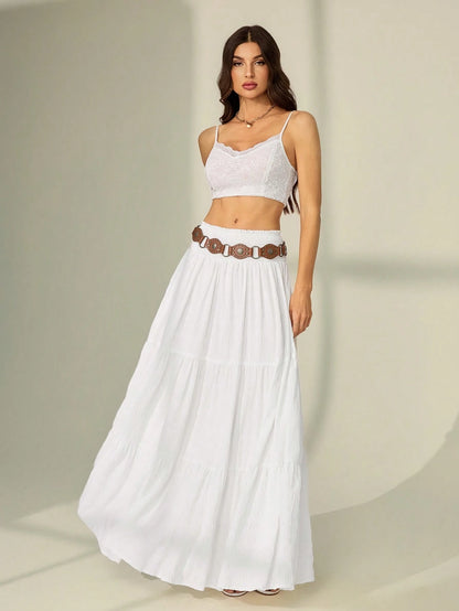 Tall Women's Solid Color Shirred Waist Ruffled Hem Skirt, Tall Women