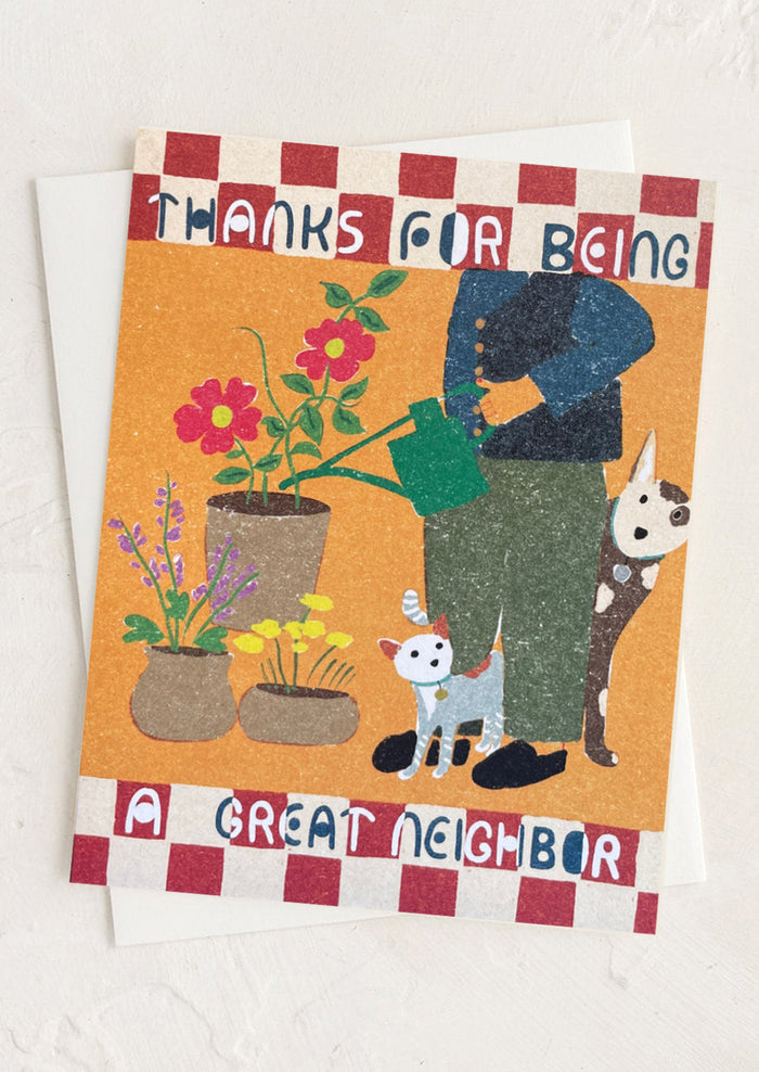 Greeting card with illustration of a person gardening, surrounded by plants and pets, with text 'Thanks for being a great neighbor' on a checkered border.