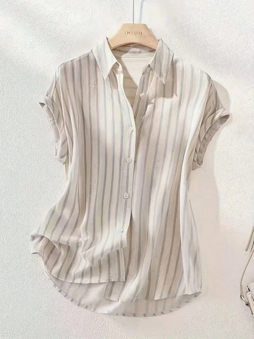 This Casual And Women's Striped Polyester Shirt Features A Button-Up Collar, Short Batwing Sleeves Summer, Effortless Style