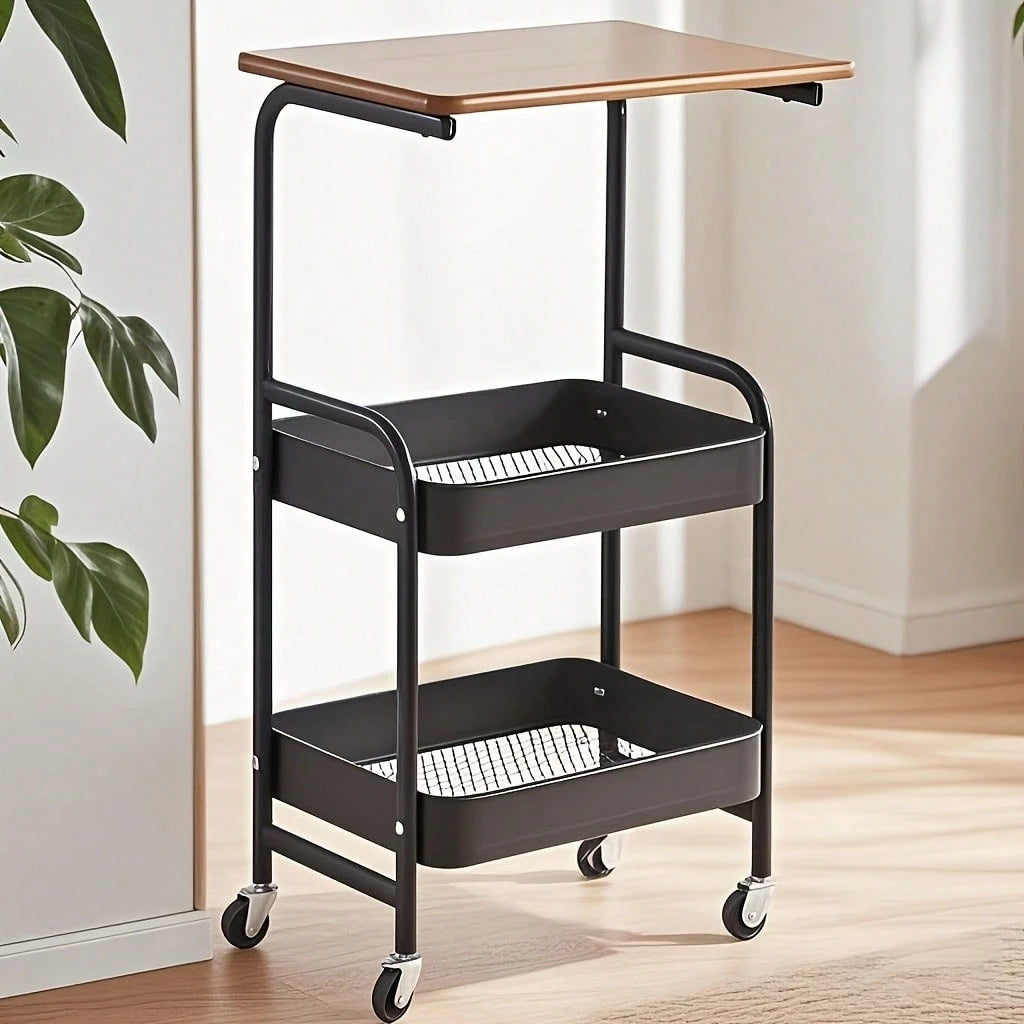Three-Layer Rolling Cart, Multi-Functional Metal Storage Rack, Snack Rack, Durable Steel Frame, Portable Wheels, Suitable For Home Or Office Use, Office Storage And Organization Rolling Cart