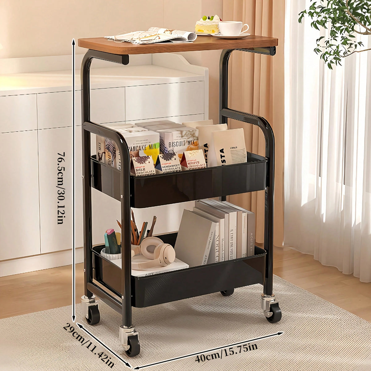 Three-Layer Rolling Cart, Multi-Functional Metal Storage Rack, Snack Rack, Durable Steel Frame, Portable Wheels, Suitable For Home Or Office Use, Office Storage And Organization Rolling Cart