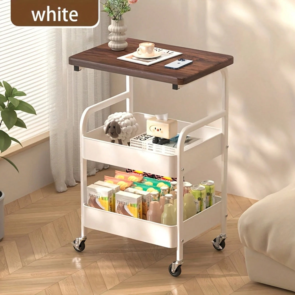 Three-Layer Rolling Cart, Multi-Functional Metal Storage Rack, Snack Rack, Durable Steel Frame, Portable Wheels, Suitable For Home Or Office Use, Office Storage And Organization Rolling Cart