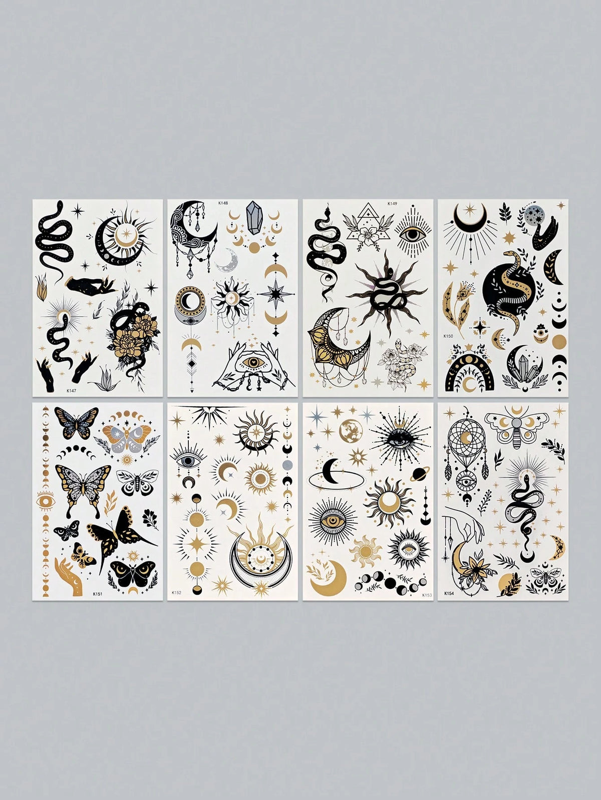 Tiebeauty 8 Sheets Metallic Gold Temporany Stickers,Snake & Sun & Yes & Moon Waterproof Stickers, Iver And Gold Fo Fake Allos Forface Body Hand Amm Neck Body Makeup