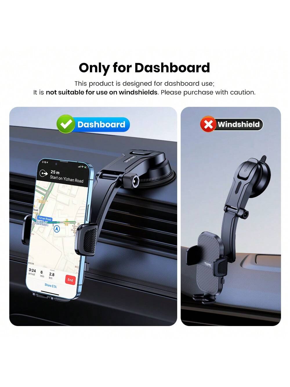 TOPK Phone Holder for Car Dashboard, Upgraded Adjustable horizontally and vertically Cell Phone Mount For Car Dashboard Compatible With All Phones