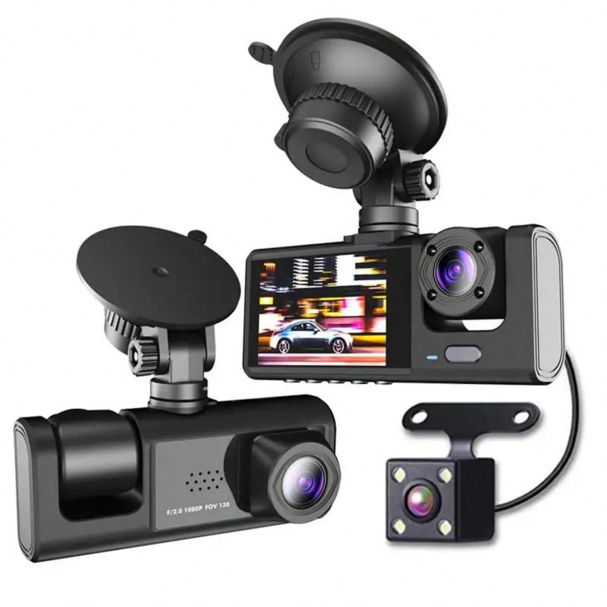 Triple Camera Dash Cam- Infrared Night Vision, 1080P Front And 720P Rear,170° Wide Angle & Built-In Audio Loop Recording, Perfect Vehicle Safety Camera 24 Hours Parking Mode For New Cars Or Holiday G