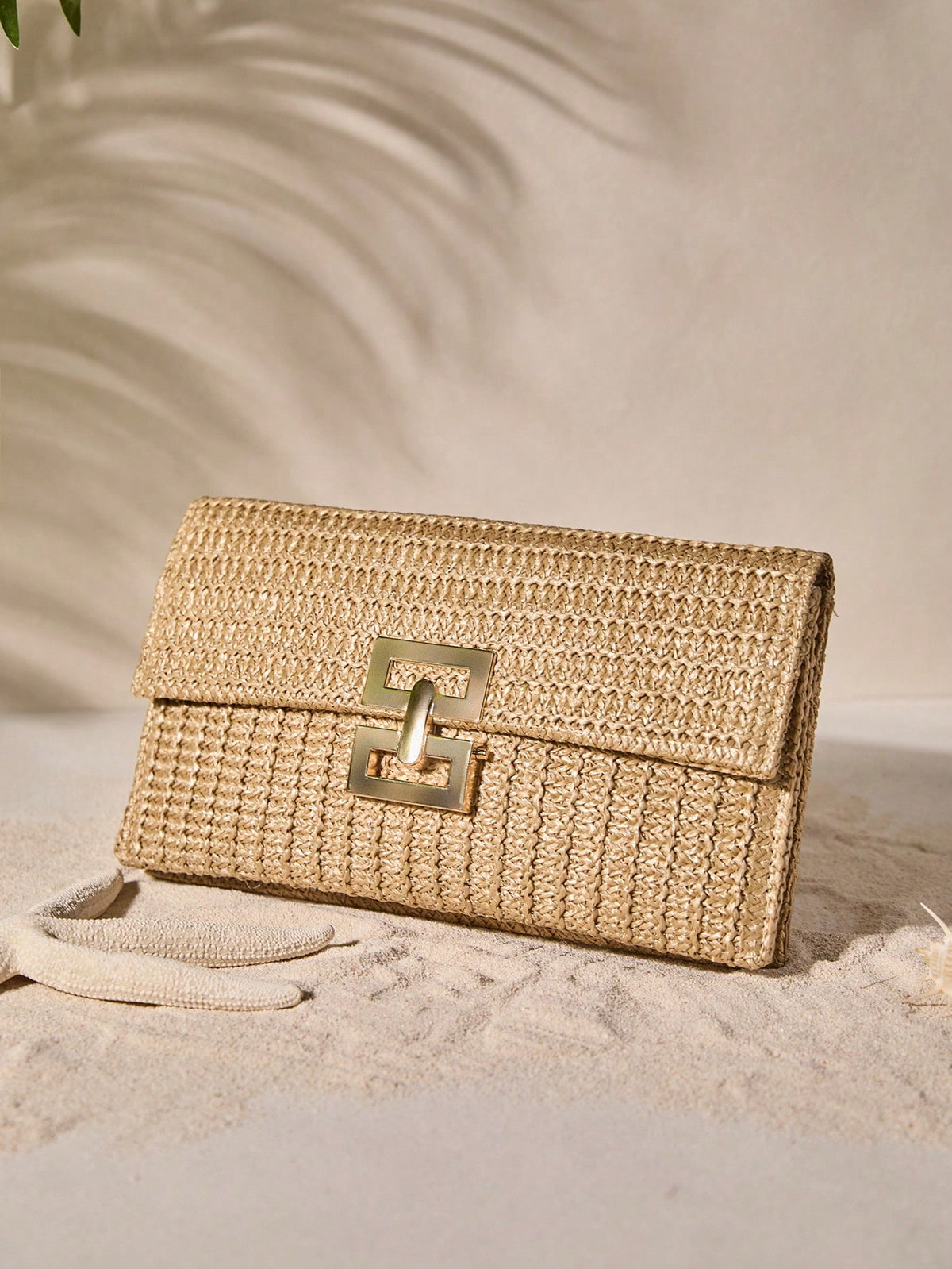 Tropiscape Multi-Layer Twist-Lock Flap Clutch Gold Bag Woven Handbag, Perfect For Vacation Beach Autumn Winter Gifts, Gold Bag Cottagecore