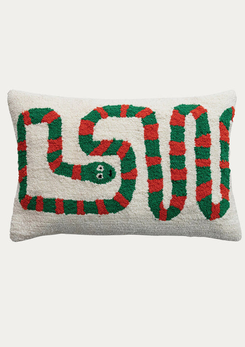Decorative pillow with a snake design in green and red on a white background