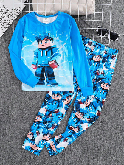 Tween Boy Cartoon Print Crew Neck Long Sleeve Top And Pants Loungewear Set