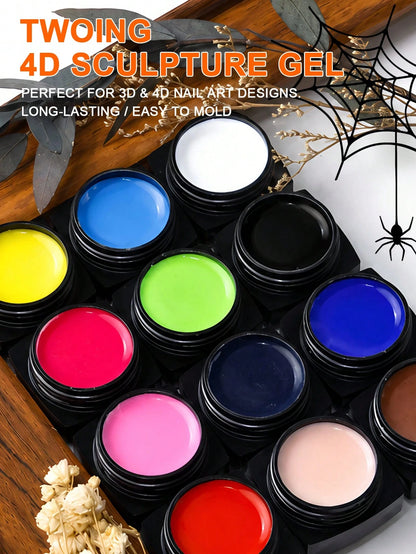 TWOING 12 Colors Halloween 3D 4D Sculpture Gel Kit With Nail Art Pen, Non-Sticky Soak Off Carving And Sculpting Gel, Firm Texture Embossed Painting Gel For Pumpkin Ghost Spider Web DIY Nail Design Sal