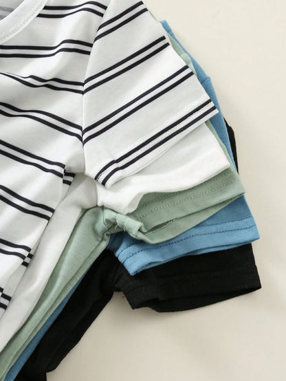 Unisex Newborn Baby Boy Baby Girl 5pcs/Set Spring Summer Casual Versatile Solid Color And Striped High Elasticity Ribbed Short Sleeve Bodysuit Set, Easy To Put On And Take Off Baby Bodysuit, Out