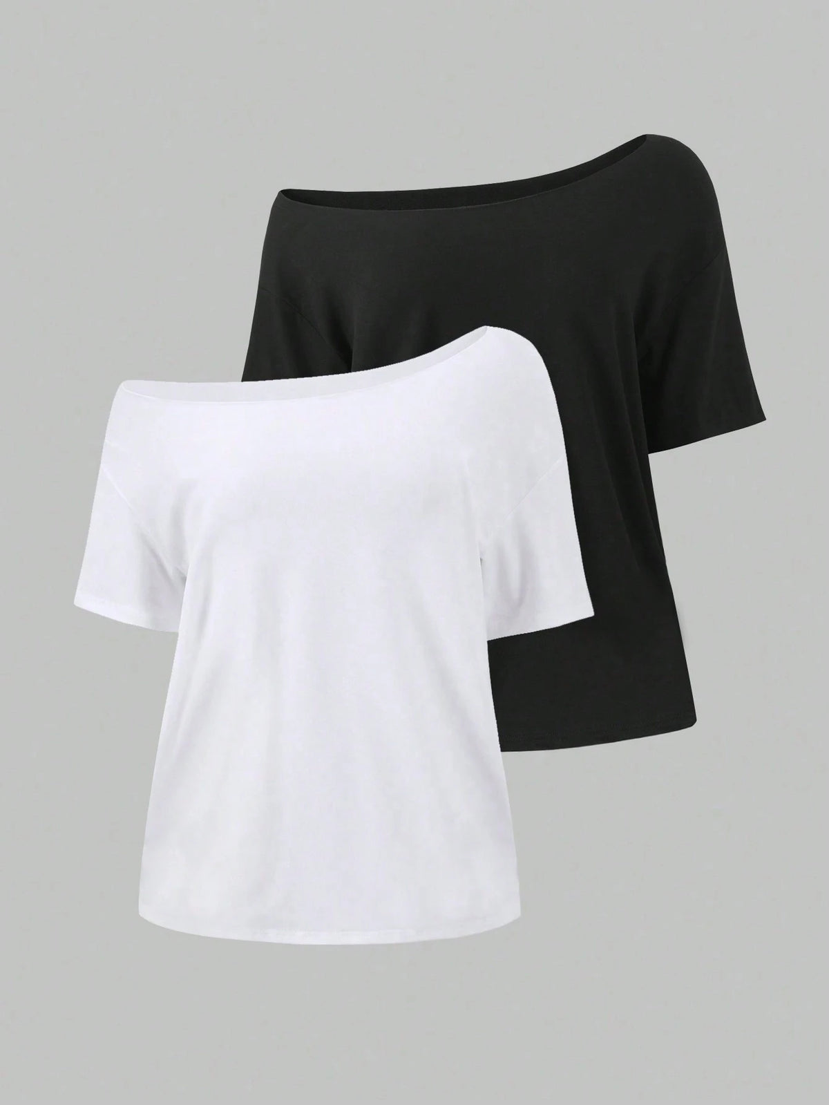 Unity 2pcs Women's Loose Asymmetrical Neck T-Shirts, Elegant Black And Yellow Solid Color Oversized Tees