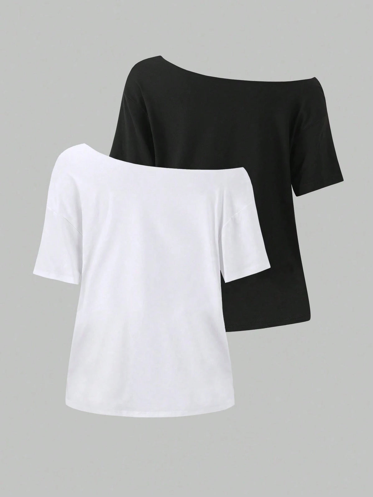 Unity 2pcs Women's Loose Asymmetrical Neck T-Shirts, Elegant Black And Yellow Solid Color Oversized Tees
