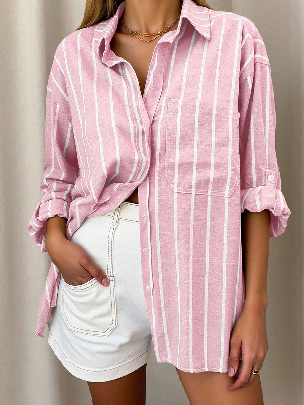 Vaclyn Women's Stripe Drop Shoulder Long Sleeve Single-Breasted Casual Shirt