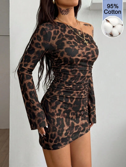 Vadaroq Women's Spring New Year Eve Date Night Rib Knit Ruched Asymmetrical Neck Slim Fit Skirts,Cheetah Print