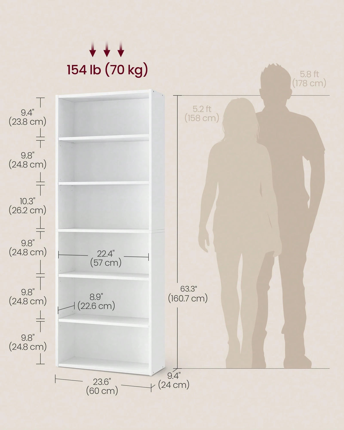 VASAGLE Bookshelf, 6-Tier Bookcase, Book Shelf Furniture, Open Storage Shelves, Room Decor, For Living Room, Home Office, Dinning Room, 9.4 X 23.6 X 63.3 Inches, Cloud White