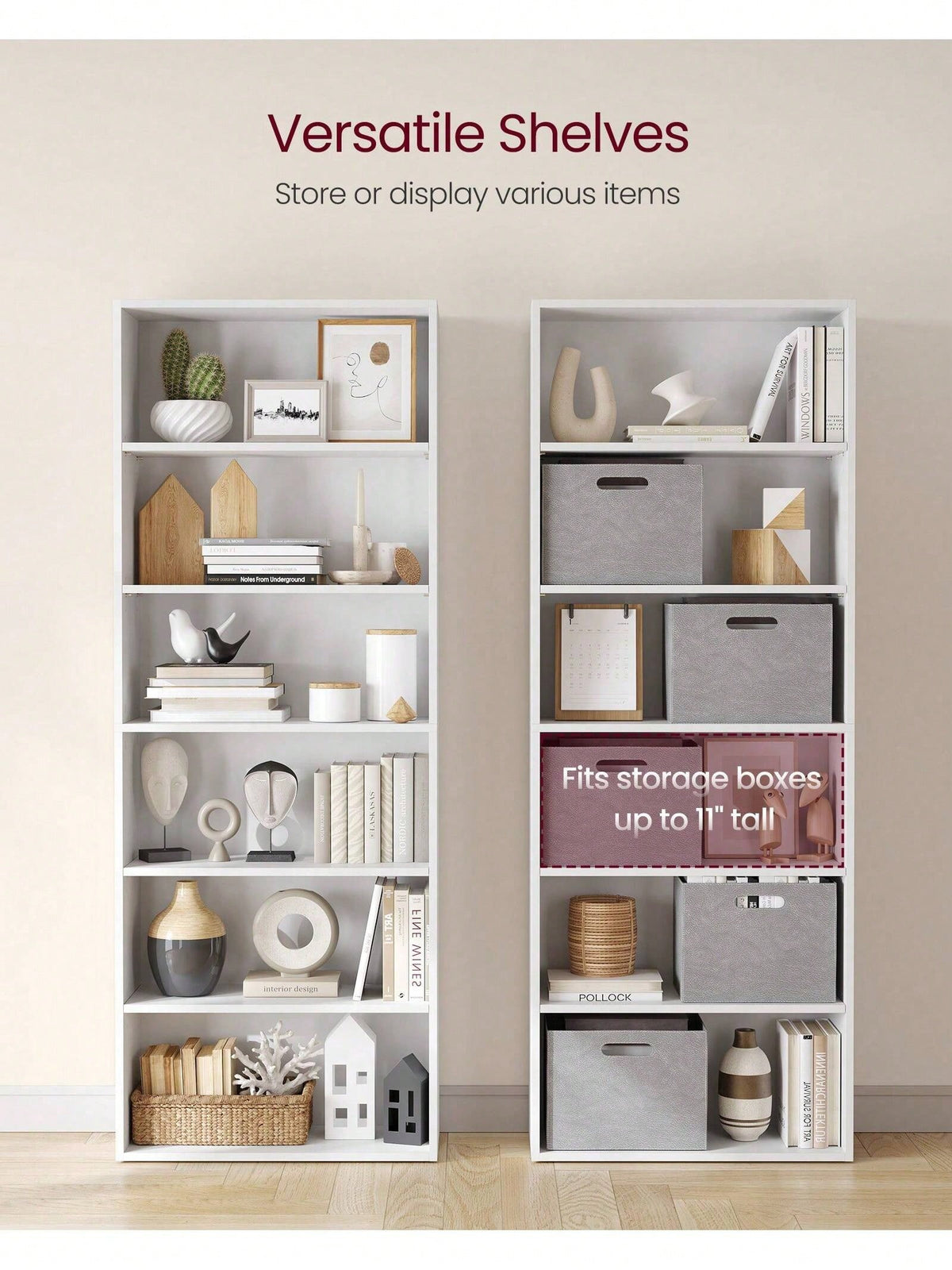 VASAGLE Bookshelf, 6-Tier Bookcase, Book Shelf Furniture, Open Storage Shelves, Room Decor, For Living Room, Home Office, Dinning Room, 9.4 X 23.6 X 63.3 Inches, Cloud White