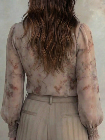 Vintage French Elegant Sheer Chiffon Abstract Print Shirred Long Sleeve Blouse, Full Body Print Solid Color Chiffon Ruffle Hem Vacation & Daily Wear, Spring/Summer