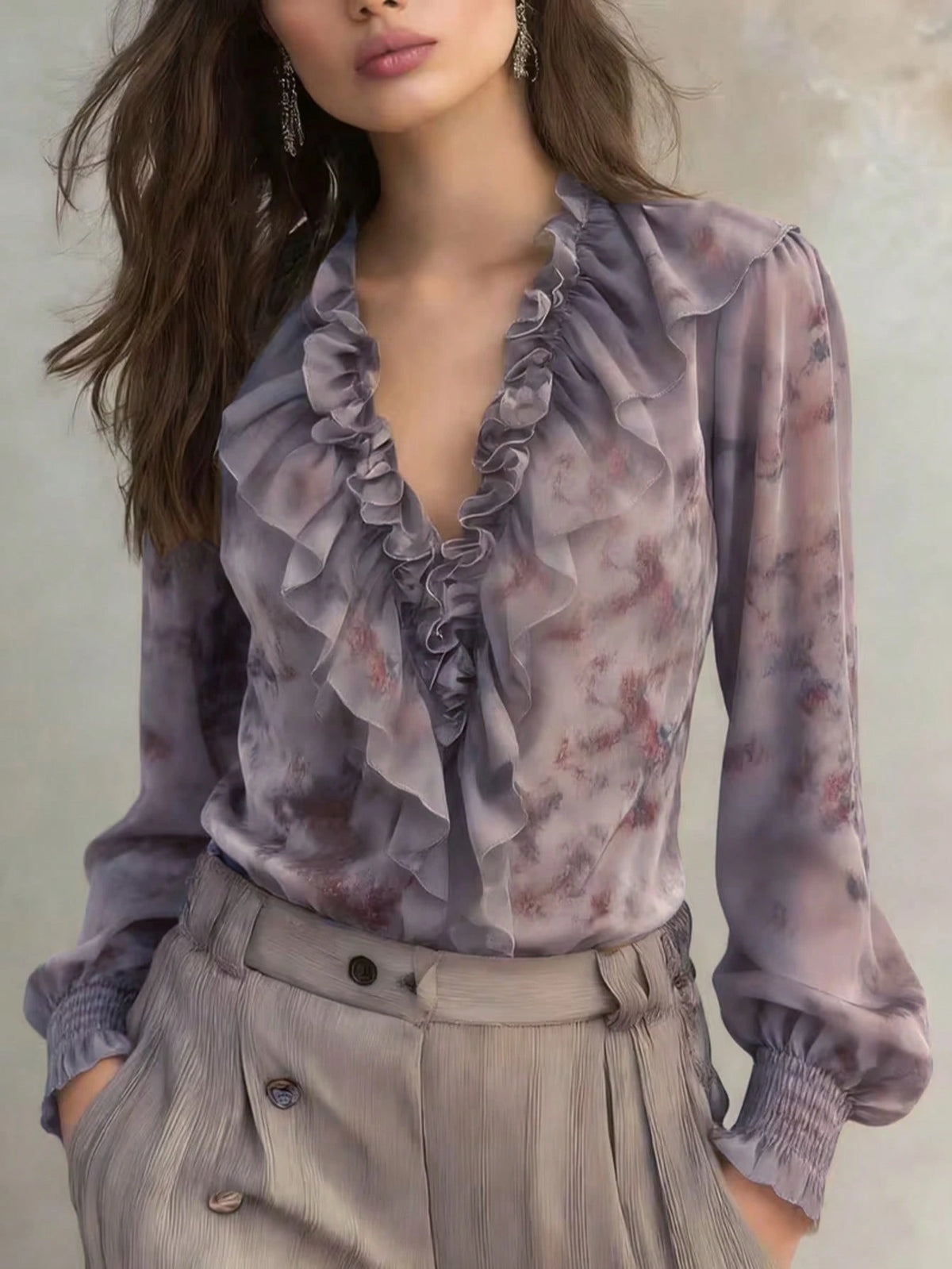 Vintage French Elegant Sheer Chiffon Abstract Print Shirred Long Sleeve Blouse, Full Body Print Solid Color Chiffon Ruffle Hem Vacation & Daily Wear, Spring/Summer