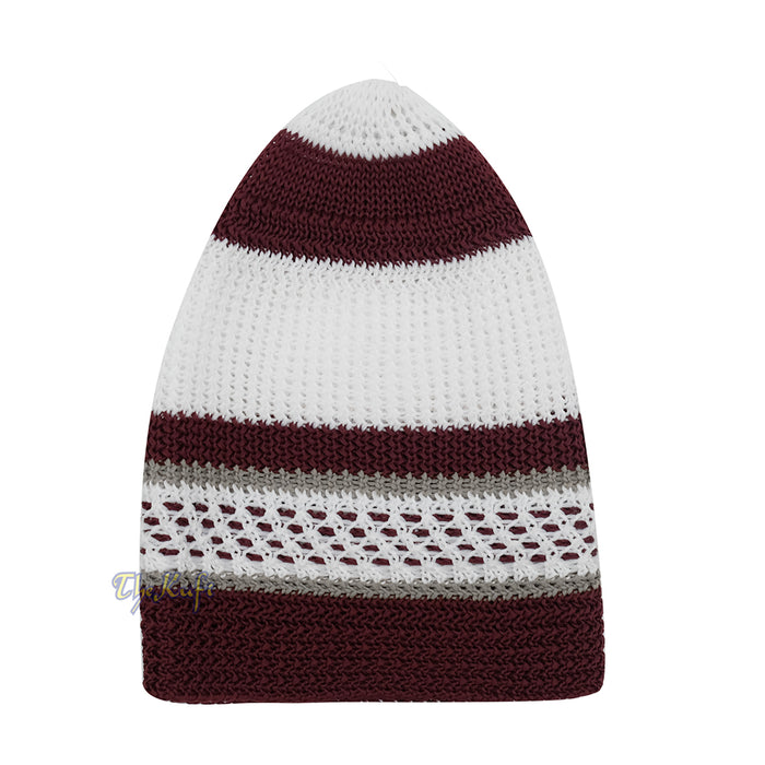 White and Maroon with Gray Stripes & Dotted Lines Nylon Stretchy Textured Kufi Hat Skullcap