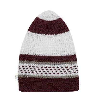 White and Maroon with Gray Stripes & Dotted Lines Nylon Stretchy Textured Kufi Hat Skullcap