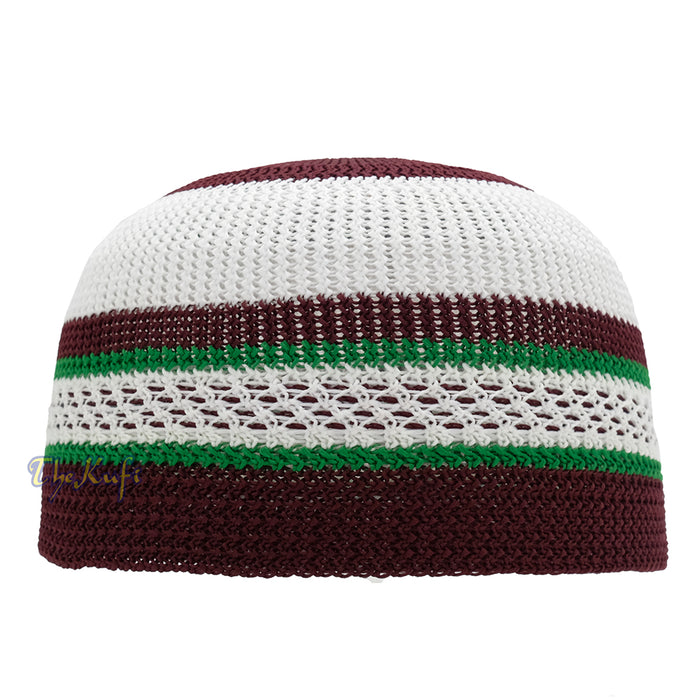 White and Maroon with Green Stripes & Dotted Lines Nylon Stretchy Textured Kufi Hat Skullcap