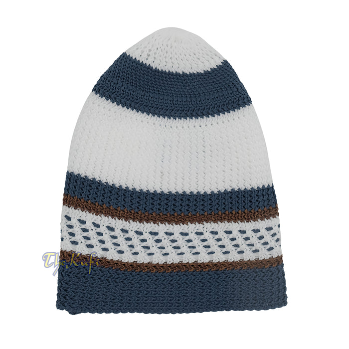 White and Navy Blue with Rust Brown Stripes & Dotted Lines Nylon Stretchy Textured Kufi Hat Skullcap