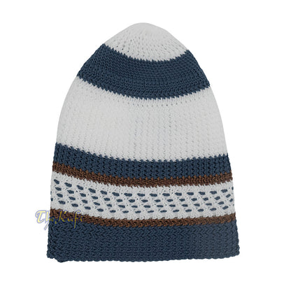 White and Navy Blue with Rust Brown Stripes & Dotted Lines Nylon Stretchy Textured Kufi Hat Skullcap