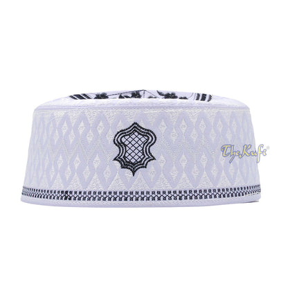 White & Black Assagofah Embroidered Sandal Diamond Design Creased-Top Oval Nalain Rigid Kufi Hat
