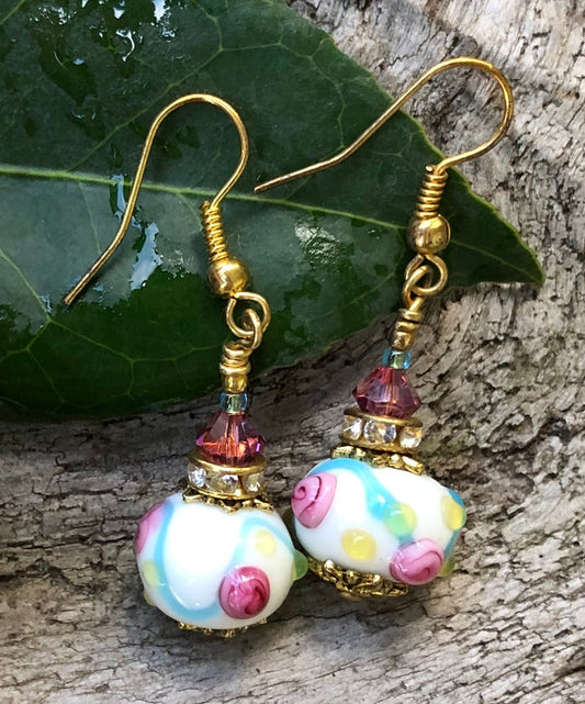 White Floral Rose Crystal Earrings