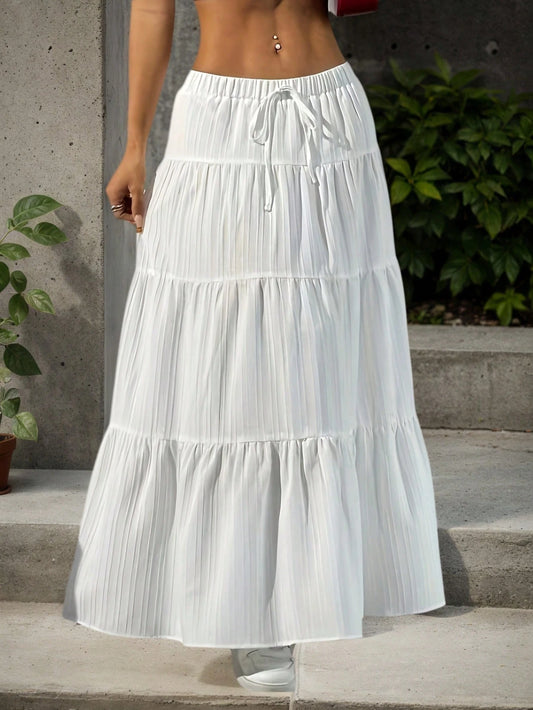 White High-Waist Ruffle Cake Skirt For Women- A-Line Swing Tie Ruffled Layered, Drape Fairy Style Daily Vacation Versatile Long Skir