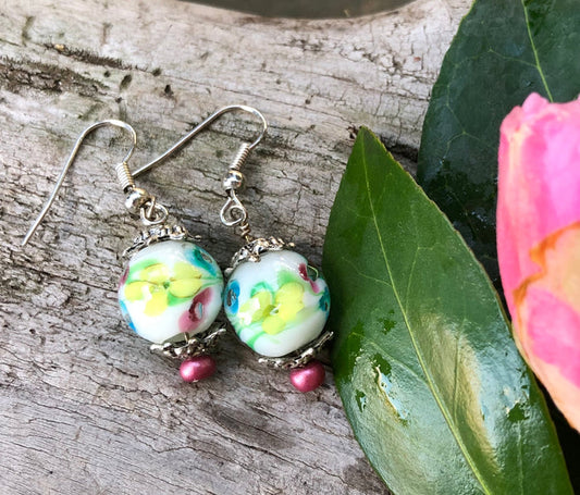 White Rose Pastel Lampwork Glass Earrings
