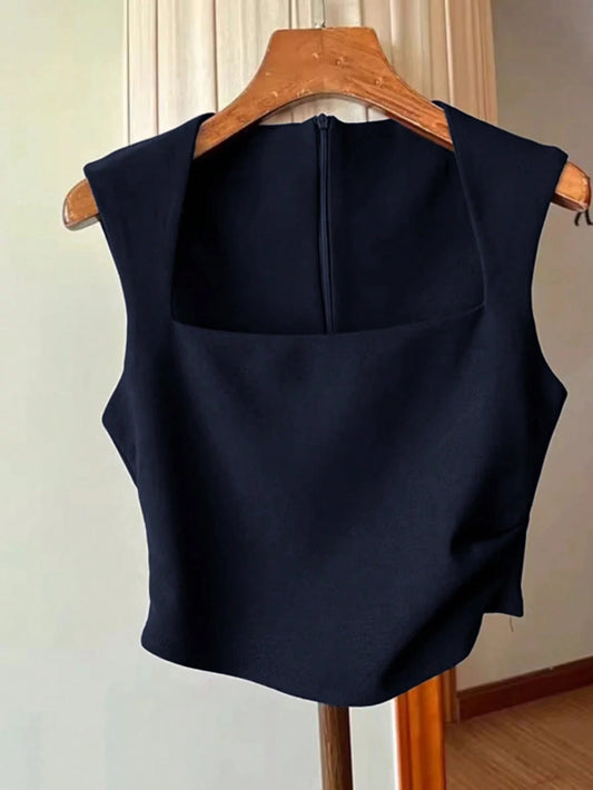 Women Navy Solid Color Pleated Waist Zip Back Sleeveless Tank Top
