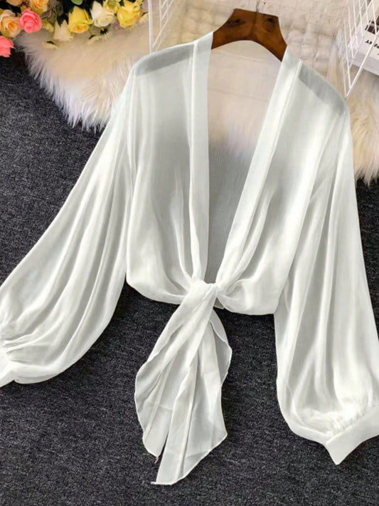 Women Plus Size Summer Thin Lantern Sleeve Tie-Waist Cardigan Winter Fall Autumn