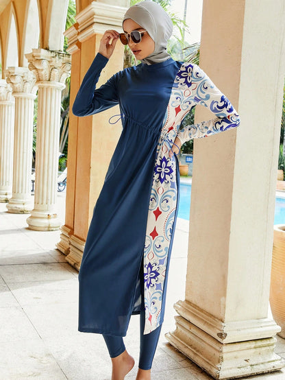 Women's 3-Piece Printed Splicing Modest Burkini Set, Including Top, Bottoms And Covering, Suitable For Swimming Pool, Beach, Surfing And Sun Protection Vacation Summer