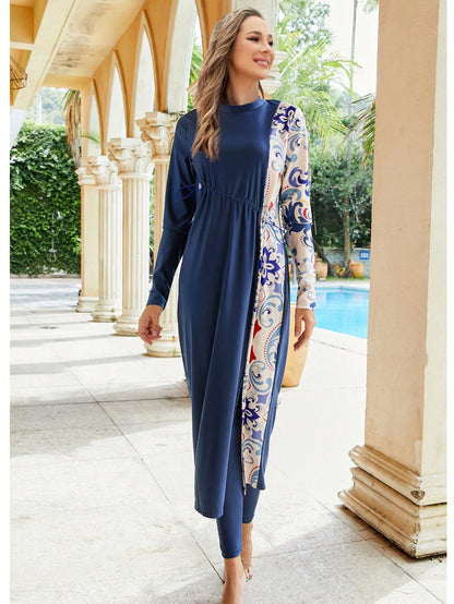 Women's 3-Piece Printed Splicing Modest Burkini Set, Including Top, Bottoms And Covering, Suitable For Swimming Pool, Beach, Surfing And Sun Protection Vacation Summer