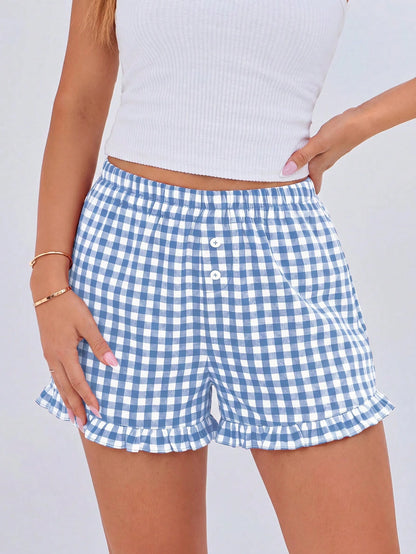 Women's Boxer Shorts Summer Dopamine Casual Home Sleeping Plaid Pj Button Front Y2K Plaid Pajama Shorts