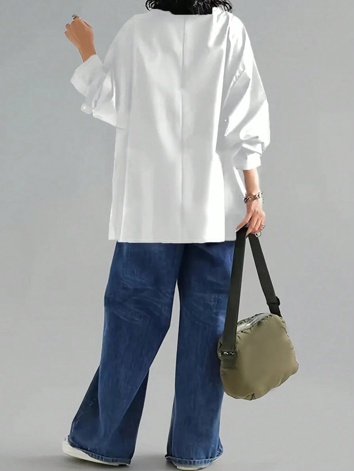 Women's Casual High Neck Loose Pullover Sweater, Solid Color Woven Fabric, Button Decor, Suitable For Office, Daily Wear, Vacation, Spring/Autumn White